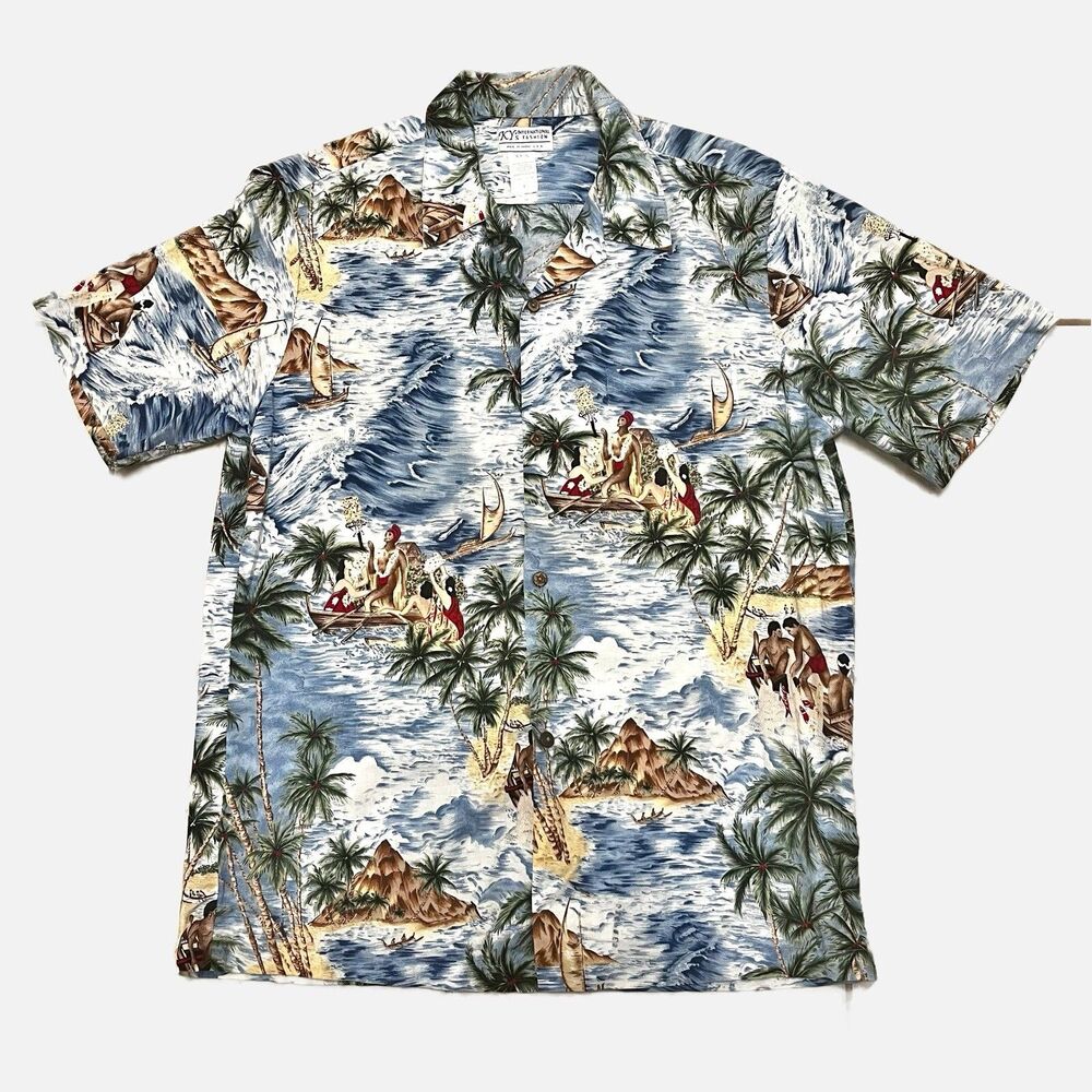 KY’s International Fashion Men’s Hawaiian Shirt Size L. Hawaiian Island Scenes